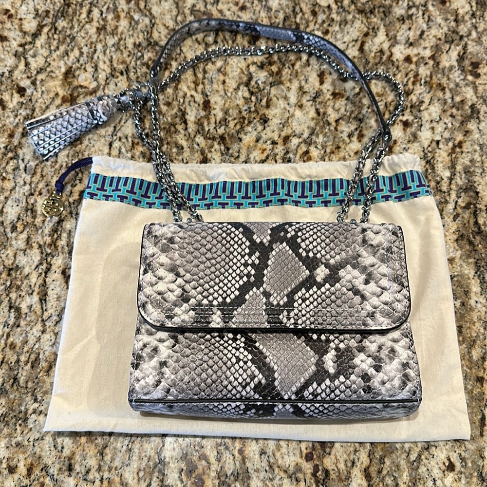 EUC Tory Burch Fleming handbag - cream and black snakeskin